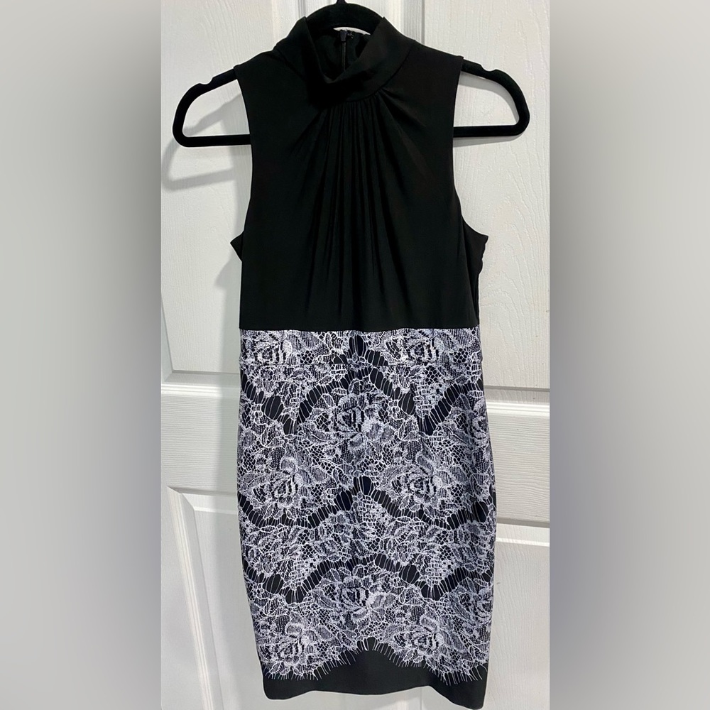 New York & Co. High Neck Dress Casual Midi. Size MP. Black top, faux lace skirt.